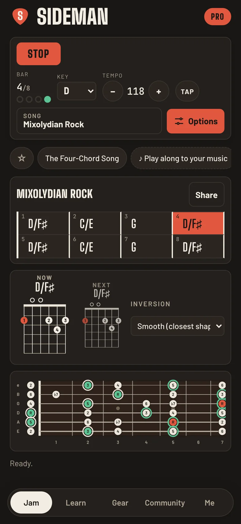 The Jam screen in dark mode playing Mixolydian Rock in D: the chord chart with bar 4 lit, D/F# and C/E chord shapes, and the fretboard