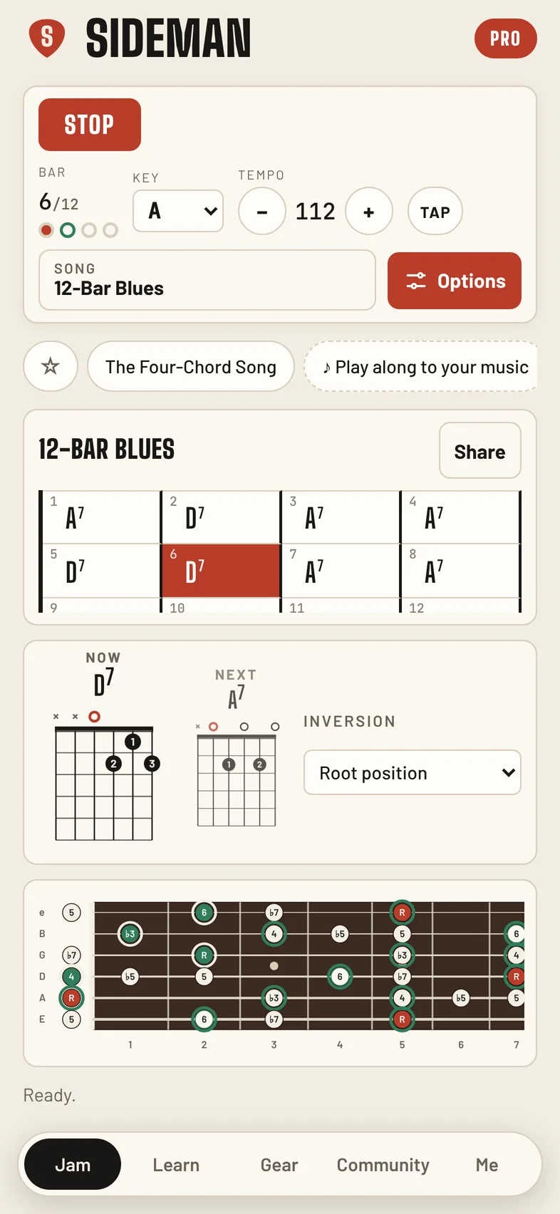 Sideman playing a 12-bar blues in A: the chord chart with bar 6 lit, the D7 chord shape, and the A minor pentatonic scale on the fretboard