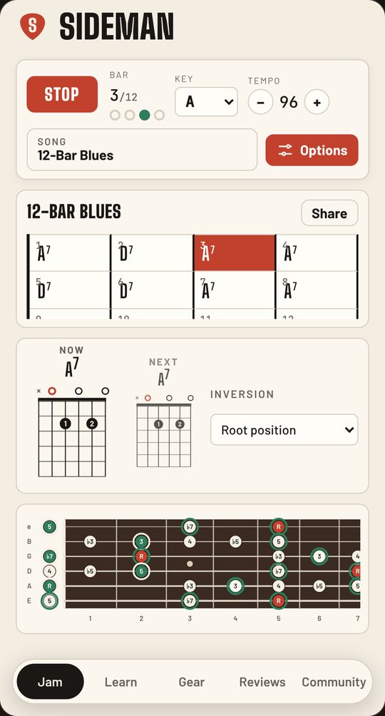 Sideman playing a 12-bar blues: chord chart, chord diagrams and fretboard